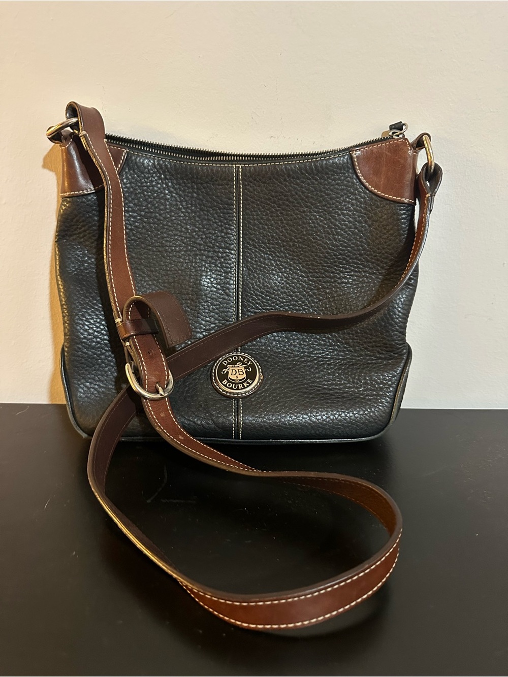 Dooney & Bourke Black with Brown Trim Pebbled Leather Crossbody, Vintage Y2K